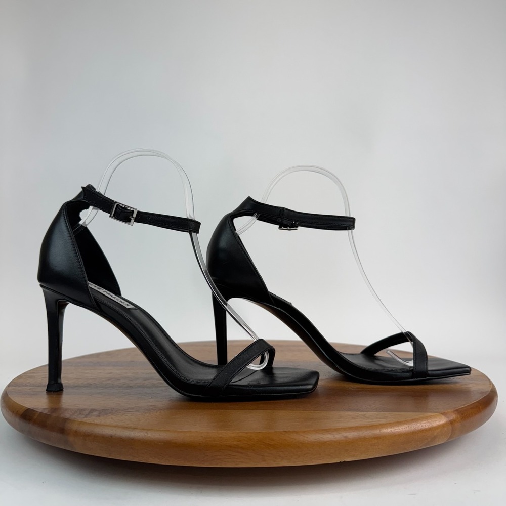 Womens‎ Steve Madden Piked Ankle Strap Open Toed Black Leather Heels Size 8 M